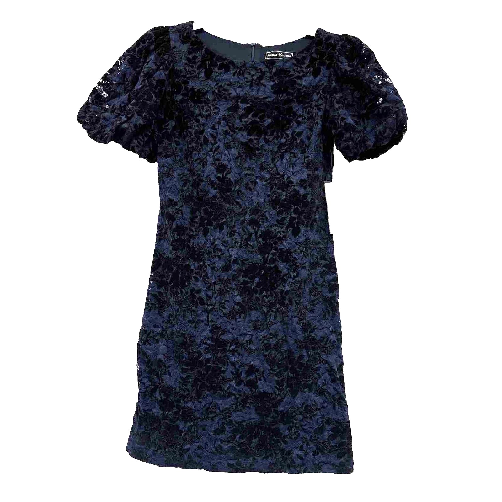 Nwt Sz 4p Jessica Howard Semi Formal Bodycon Dress. Navy Lace/Black Embossing.